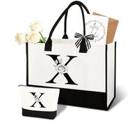 Anruzon Regalos para mujeres - Bolsa de la compra personalizada de la A a la Z de lona y bolsa de cosméticos, tarjeta de felicitación, regalo práctico y emocional para mamá, novia, compañera de