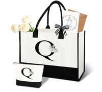 Anruzon Regalos para mujeres - Bolsa de la compra personalizada de la A a la Z de lona y bolsa de cosméticos, tarjeta de felicitación, regalo práctico y emocional para mamá, novia, compañera de