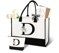 Anruzon Regalos para mujeres - Bolsa de la compra personalizada de la A a la Z de lona y bolsa de cosméticos, tarjeta de felicitación, regalo práctico y emocional para mamá, novia, compañera de