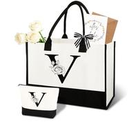 Anruzon Regalos para mujeres - Bolsa de la compra personalizada de la A a la Z de lona y bolsa de cosméticos, tarjeta de felicitación, regalo práctico y emocional para mamá, novia, compañera de