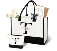 Anruzon Regalos para mujeres - Bolsa de la compra personalizada de la A a la Z de lona y bolsa de cosméticos, tarjeta de felicitación, regalo práctico y emocional para mamá, novia, compañera de