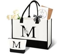 Anruzon Regalos para mujeres - Bolsa de la compra personalizada de la A a la Z de lona y bolsa de cosméticos, tarjeta de felicitación, regalo práctico y emocional para mamá, novia, compañera de