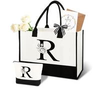 Anruzon Regalos para mujeres - Bolsa de la compra personalizada de la A a la Z de lona y bolsa de cosméticos, tarjeta de felicitación, regalo práctico y emocional para mamá, novia, compañera de