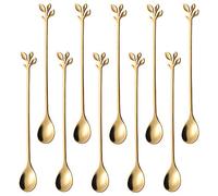 AnSaw Cuchara larga de 7.4 pulgadas con mango de hoja de cucharaditas, 10 piezas de acero inoxidable dorado cucharas de revolver café