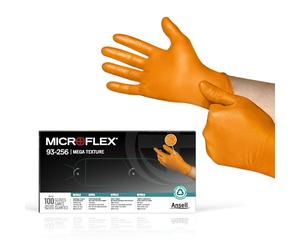 Ansell MicroFlex 93-256 Guantes Nitrilo Desechables, Guantes Trabajo Multiuso, Alimentos, Cocina, Limpieza, Mecanico, Guantes Desechables Sin Polvo, Guantes Naranjas, Talla 2XL (100 Guantes)