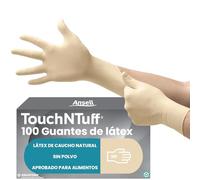 Ansell TouchNTuff 69-318 Guantes Desechables Sin Polvo, Dedos Texturizados y Reforzados, Protección Mecánica, Seguridad Alimentaria, Látex de Caucho Natural, Blanco, Talla S (100 Guantes)