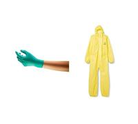 Ansell TouchNTuff 92-600 Guantes Desechables de Nitrilo, Sin Polvo, Verde, Talla M (100 Guantes) + AlphaTec 2300 Mono de Trabajo Desechable, Protección Quimica Tipo 3/4/5 Amarillo, Talla L (1 Unidad)
