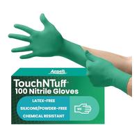 Ansell TouchNTuff 92-605 Guantes Desechables de Nitrilo, Sin Polvo, Alta Protección Química y Mecánica, Seguridad Alimentaria, Guantes Multiusos Profesionales, Verde, Talla L (100 Guantes)