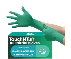 Ansell TouchNTuff 92-605 Guantes Nitrilo Desechables, Protección contra Salpicaduras Químicas, Guantes Trabajo Industrial, Guantes Desechables Sin Polvo y Sin Latex, Verde, Talla M (100 Guantes)