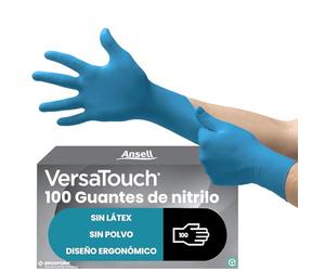 Ansell VersaTouch 92-465 Guantes Nitrilo Sin Polvo, Guantes Desechables Resistentes, Guantes Latex Free, Guantes Quimicos Azul, Guantes Nitrilo Talla M (100 Unidades)