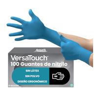 Ansell VersaTouch Guantes de Nitrilo Desechables Sin Polvo Azules - Multiuso para Alimentos, Cocina, Limpieza, Mecánico - Talla S (100 Unidades)