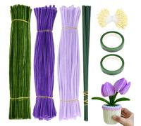 Anseom 300 Piezas Limpiapipas para Manualidades, 30cm Tallos de Chenilla de Colores, Limpiapipas de Chenilla para Flores de Tulip con 20 Tallos de Flores, 2 Cinta de Flores (Morado)