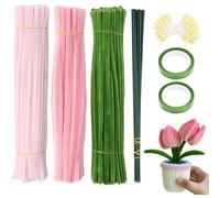 Anseom 300 Piezas Limpiapipas para Manualidades, 30cm Tallos de Chenilla de Colores, Limpiapipas de Chenilla para Flores de Tulip con 20 Tallos de Flores, 2 Cinta de Flores (Rosa)