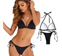 Anseom Bikini Triangular, Traje de Baño de Dos Piezas para Mujer, Halter Triángulo Top con Tanga Brasileño, Bikini de Hilo Sexy para Mujer (FR/ES, Letras, L, Regular, Regular, Negro)