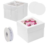 Anseom Cajas para Tartas con Bandeja para Tartas 2 Pcs, 25,4x25,4x20,3 cm Caja de Pastel para Tartas con Ventanas, Cajas para Pasteles de Carton Blanca con Cinta para Cumpleaños, Fiestas, Bodas