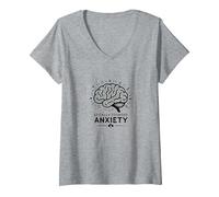Ansiedad de Origen Local Cerebro Salud Mental Humor Camiseta Cuello V, Mujer, Gris Jaspeado, M