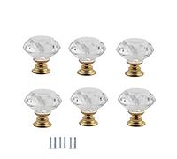 ANSIEDIO 6 Piezas 30mm Pomos de Cristal Claro con Base Dorada, Tiradores de Cristal Aleación de Zinc Diamante Pomos y Tiradores para Alacena Baño Cocina Gabinetes