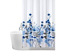 ANSIO - Cortina de ducha, poliéster, Patrón de flores - Azul, 180 x 180 cm