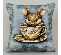 ANSIWEIGO Kit de almohada de punto de cruz, juego de manualidades preimpresas, hechas a mano, kit de cojín cosido decorativo para adultos principiantes, 18 x 18 pulgadas, Rata bebe café en secreto