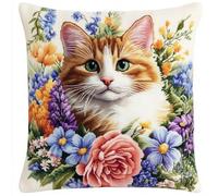 ANSIWEIGO Latch Hook Kit Selber Knüpfen Kissen für Sofa 43x43 cm, Katze zwischen Blumen,HäkelgarnSets für Erwachsene und Kinder,farbig vorgedruckte Muster Stick,Sofakissenbezug