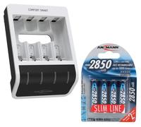 ANSMANN Cargador de batería para 1 - 4 pilas AA/AAA - con tecnología de carga perfecta 7 y modo de reparación - Comfort Smart + 4 pilas recargables Ansmann AA 2850 mAh Slimline