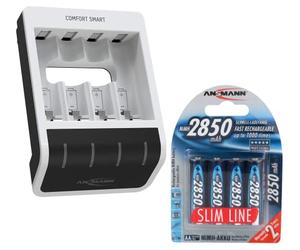 ANSMANN Cargador de batería para 1 - 4 pilas AA/AAA - con tecnología de carga perfecta 7 y modo de reparación - Comfort Smart + 4 pilas recargables Ansmann AA 2850 mAh Slimline