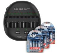 ANSMANN Energy 16 Plus - Cargador de batería inteligente universal para AAA, AA, C, D, baterías recargables de 9 V y dispositivos USB (iPhone, Android, Smartphone) + AA 2850 Slimline recargable