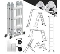 Ansobea Escalera multiusos de aluminio de 3,6 m, 4 x 3 peldaños, escalera multifunción con plataforma, escalera de aluminio con 2 placas de andamio, escalera plegable de 16 peldaños, escalera de hasta