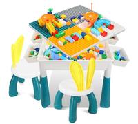 Ansobea Mesa infantil con 2 sillas de juego para niños con 251 bloques de construcción, mesa de actividades multifuncional a partir de 2 años con espacio de almacenamiento, juego de bloques de