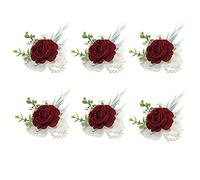 Ansofi Juego de 6 ramilletes de muñeca de Boda de Color Burdeos con Flores de Vino Rojo y Flores de Mano para Novia y Dama de Honor, Festivales, Bailes, compromisos