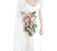 Ansofi Ramos de Boda de Rosas polvorientas de 9 Pulgadas para Novia, Ramo de Novia en Cascada para Novia, Rosas Artificiales de Seda, Ramo de Flores para decoración de Ceremonia de Boda