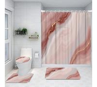 Ansouyi Juego de 4 Cortinas de Ducha de baño con alfombras Antideslizantes, Cubierta de Tapa de Inodoro y Alfombrilla de baño, Cortina de Ducha Impermeable Duradera con 12 Ganchos de mármol Blanco