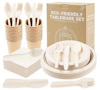 Anstore 200 Platos de Papel Ecológicos para Cumpleaños, Platos de Cartón Marrón, 25 Invitados Vajilla Reutilizable para Fiesta, Boda y Picnic, Plato, Cuchara, Tenedor, Cuchillo, Vasos, Servilletas