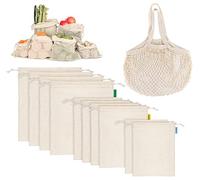Anstore Juego de 11 Bolsas Reutilizables para Frutas y Verduras - Algodón, Sin Plástico, Redes de Compras, Bolsas de Pan