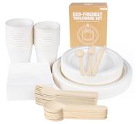 Anstore Juego de platos y cubiertos de 200 piezas, vajilla de fiesta compostable ecológica, platos de papel y cubertería, respetuoso con el medio ambiente, juego para fiestas y picnics: platos