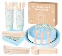 Anstore Platos de papel azul con lunares dorados, 200 unidades, reutilizables, juego de vajilla de fiesta con tenedores, cuchillos, cucharas, servilletas, platos, vasos, 25 invitados, platos de fiesta