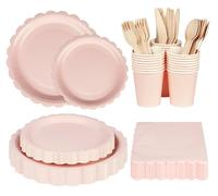 Anstore Rosa Platos Desechables Elegantes, 200 Platos De Papel Floral Vintage Con Borde Festoneado Para 25 Invitados, Vajilla Desechable Con Plato, Cuchara, Tenedor, Cuchillo, Vasos, Servilletas