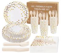 Anstore Vajilla de Fiesta Reutilizable, 200 Platos de Papel Blanco con Lunares Dorados Cubertería, 25 Invitados Vajilla Cumpleaños Infantil con Plato, Cuchara, Tenedor, Cuchillo, Vasos, Servilletas