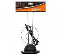 Antena de TV universal de interior tipo "orejas de conejo" para HDTV, compatible con VHF y UHF coaxiales de doble bucle.