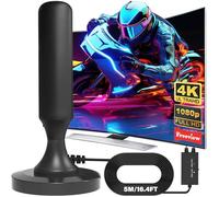 Antena DVB-T2 con amplificador interior y exterior - Potente antena interior para TV 4K HD Recepción - Antena de TV con base magnética y cable coaxial de 5 m - Compatible con todos los receptores