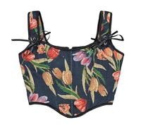 Antermaxier Las mujeres de la vendimia de impresión floral chaleco bordado de flores Patrón apretado cordón Tie-up Tank Bustier Corsé