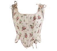 Antermaxier Las Mujeres de la Vendimia de impresión Floral Chaleco Bordado de Flores Patrón Apretado cordón Tie-up Tank Bustier Corsé