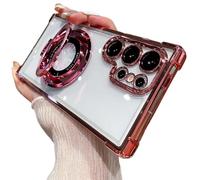 Anti-Fall Four Corners Magnetic Phone Case with Invisible Ring Stand,Transparent Slim Phone Case For Samsung S25 Ultra, S24, S23, S22 Series (Pink,S24)