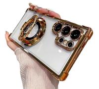 Anti-Fall Four Corners Magnetic Phone Case with Invisible Ring Stand,Transparent Slim Phone Case For Samsung S25 Ultra, S24, S23, S22 Series (Gold,S25)