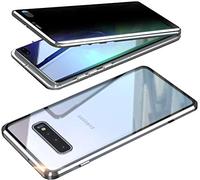 Anti-pío Carcasa para Samsung Galaxy S10 Plus/ S10+ Funda 360 Grados Anti-Spy Protección Case Magnética Adsorción Privacidad Vidrio Templado Anti Espía Anti Peep Caso Marco de Metal Flip Cover,Plata