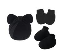 Anti Scratch Baby Bowknothut Guantes Y Cubiertas para los Pies Set Algodón Suave Recién Nacido Guantes Unisex Con Turbante Sombrero Calcetines Transpirables Conjunto de Accesorios para Bebé, Negro