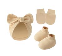 Anti Scratch Baby Bowknothut Guantes Y Cubiertas para los Pies Set Algodón Suave Recién Nacido Guantes Unisex Con Turbante Sombrero Calcetines Transpirables Conjunto de Accesorios para Bebé, caqui