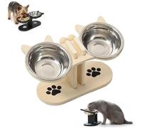 Anti-Slip Elevated 3-Bowl Pet Feeder, 15° Tilted Adjustable Height Raised Pet Food and Water Station with 3 Stainless Steel Bowls and Wooden Stand for Dogs Cats (Natural Wood,2-Bowl)