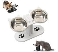 Anti-Slip Elevated 3-Bowl Pet Feeder, 15° Tilted Adjustable Height Raised Pet Food and Water Station with 3 Stainless Steel Bowls and Wooden Stand for Dogs Cats (White,2-Bowl)