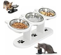 Anti-Slip Elevated 3-Bowl Pet Feeder, 15° Tilted Adjustable Height Raised Pet Food and Water Station with 3 Stainless Steel Bowls and Wooden Stand for Dogs Cats (White,3-Bowl)